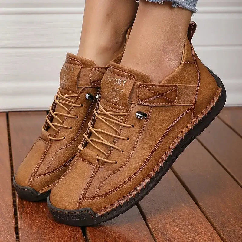 Women’s Lace-Up Ankle Shoes with Rounded Toe and Flat Sole - Sneakers
