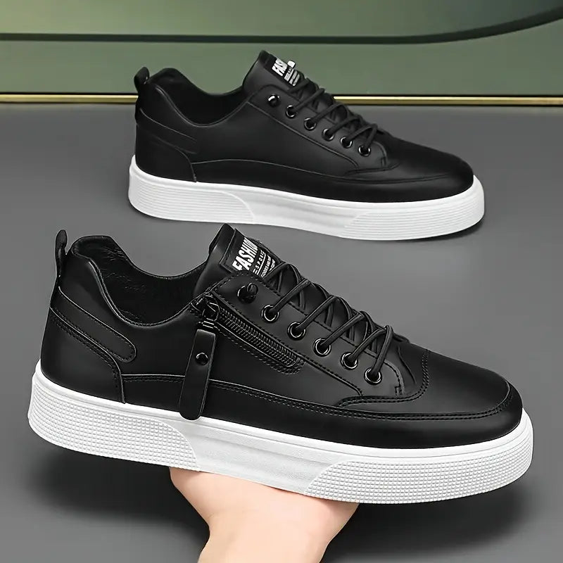Men's Low Top Lace-Up Sneakers - Side Zip - Smooth Upper - Platform Sole