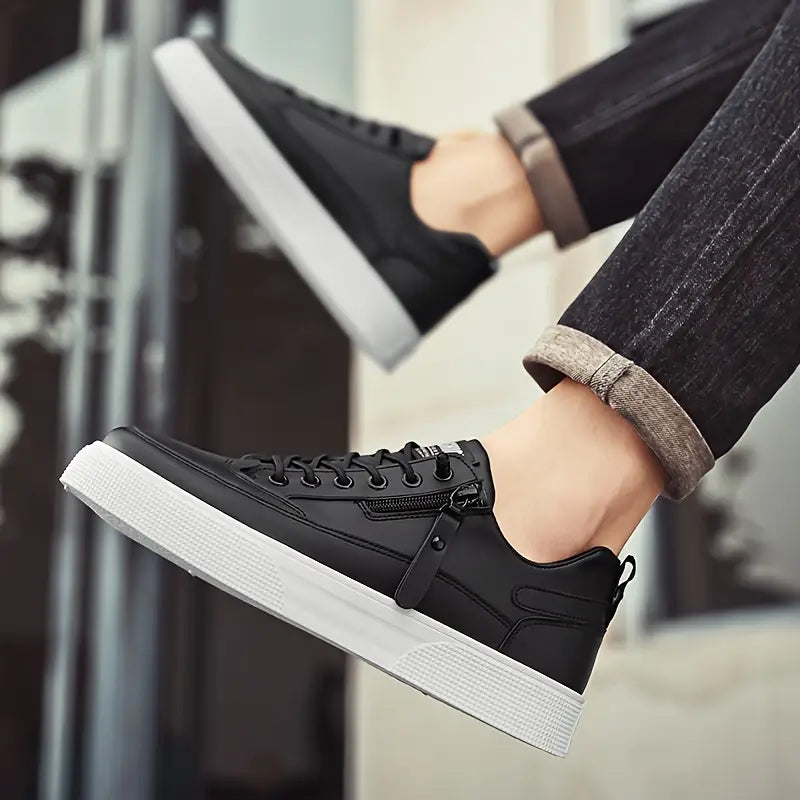 Men's Low Top Lace-Up Sneakers - Side Zip - Smooth Upper - Platform Sole