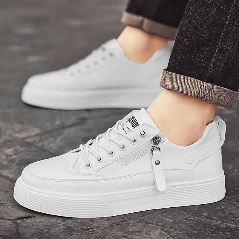Men's Low Top Lace-Up Sneakers - Side Zip - Smooth Upper - Platform Sole