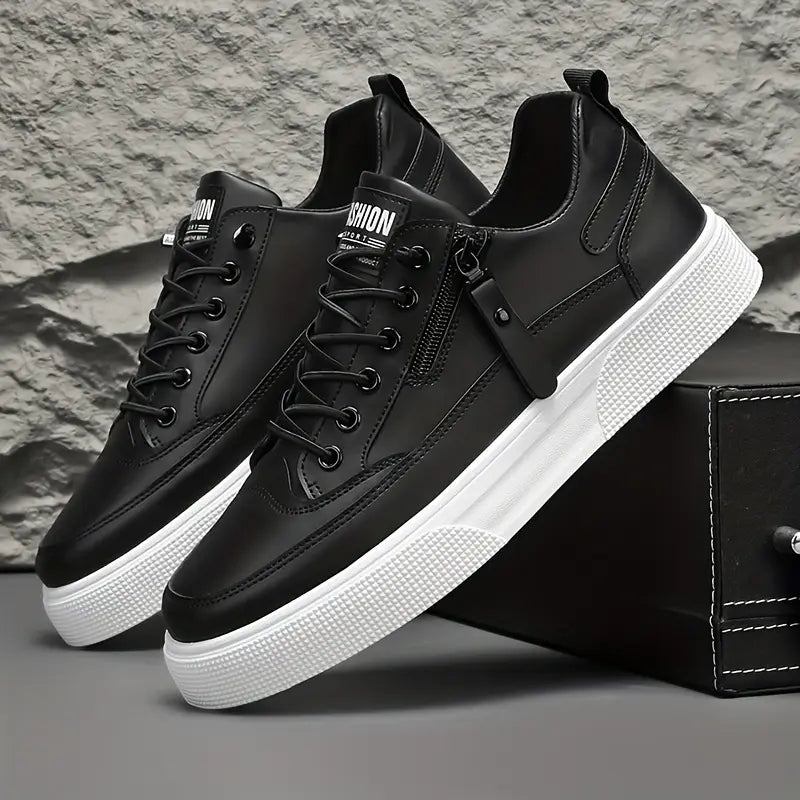 Men's Low Top Lace-Up Sneakers - Side Zip - Smooth Upper - Platform Sole