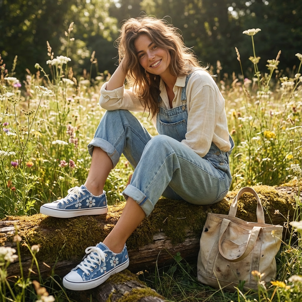 Women's Denim Embroidered Floral Low-Top Lace-Up Sneakers