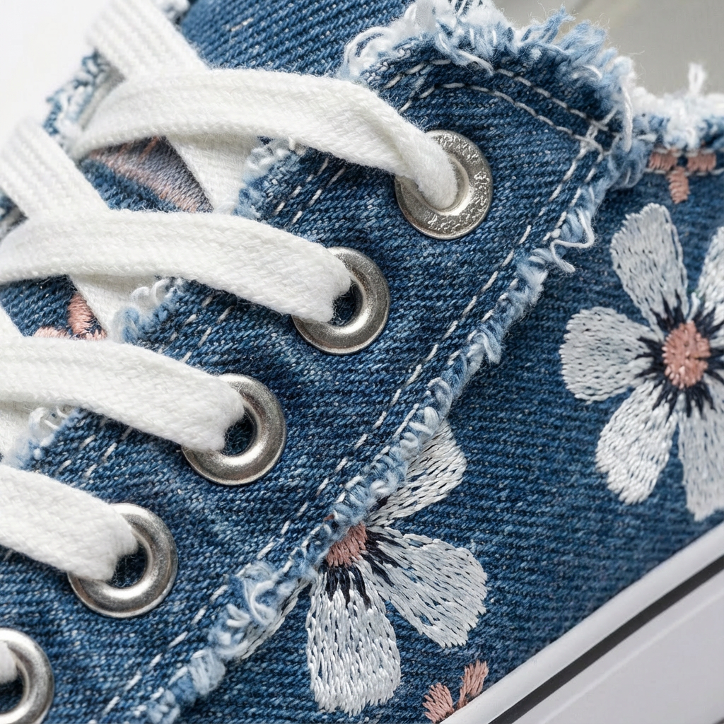 Women's Denim Embroidered Floral Low-Top Lace-Up Sneakers