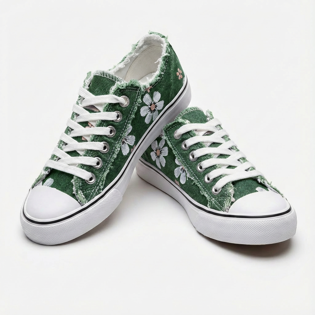 Women's Denim Embroidered Floral Low-Top Lace-Up Sneakers