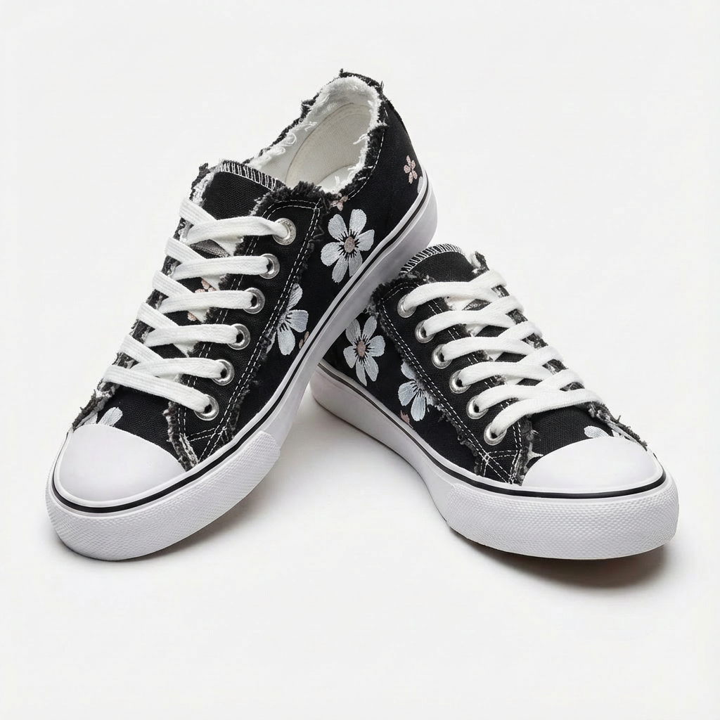 Women's Denim Embroidered Floral Low-Top Lace-Up Sneakers