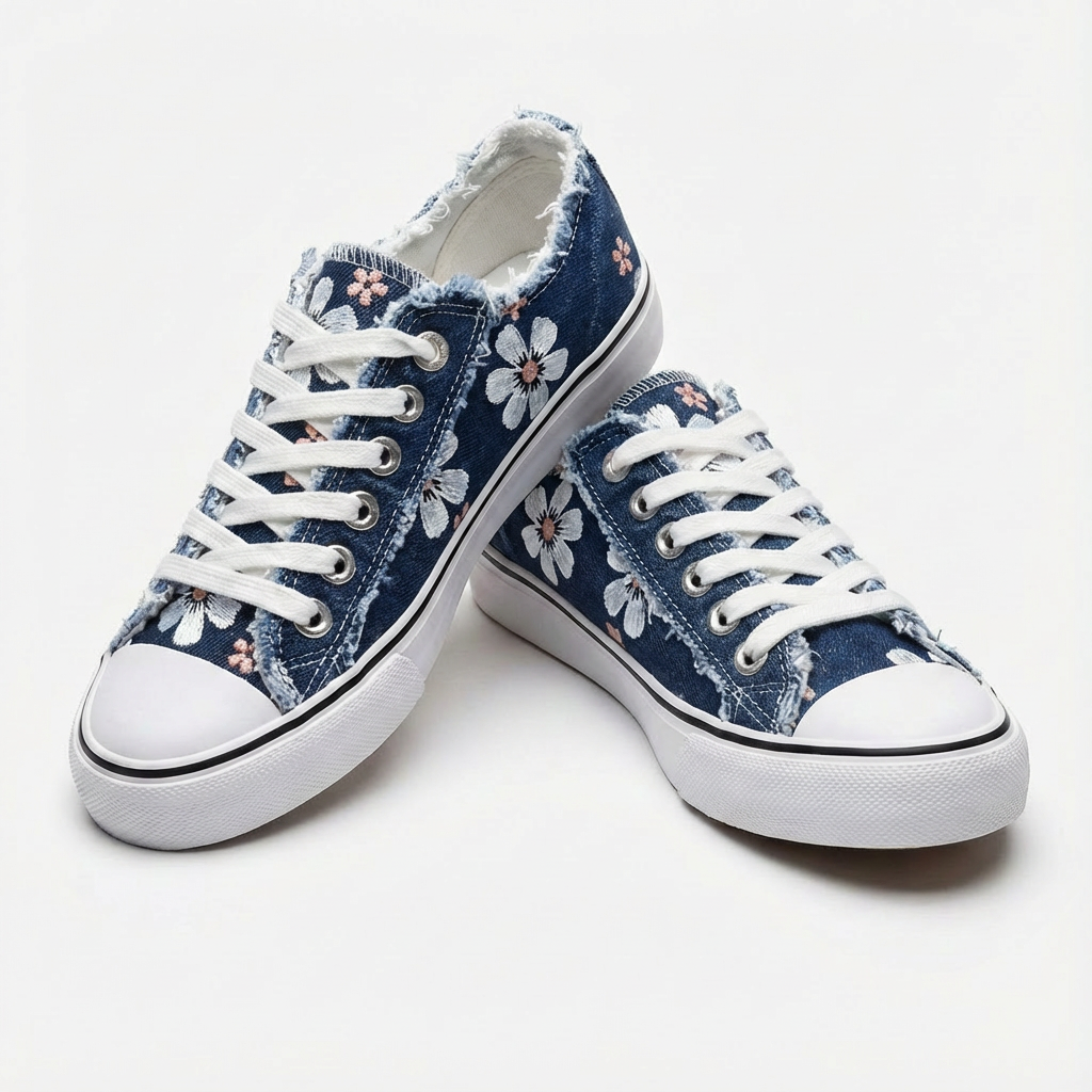 Women's Denim Embroidered Floral Low-Top Lace-Up Sneakers