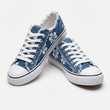 Women's Denim Embroidered Floral Low-Top Lace-Up Sneakers