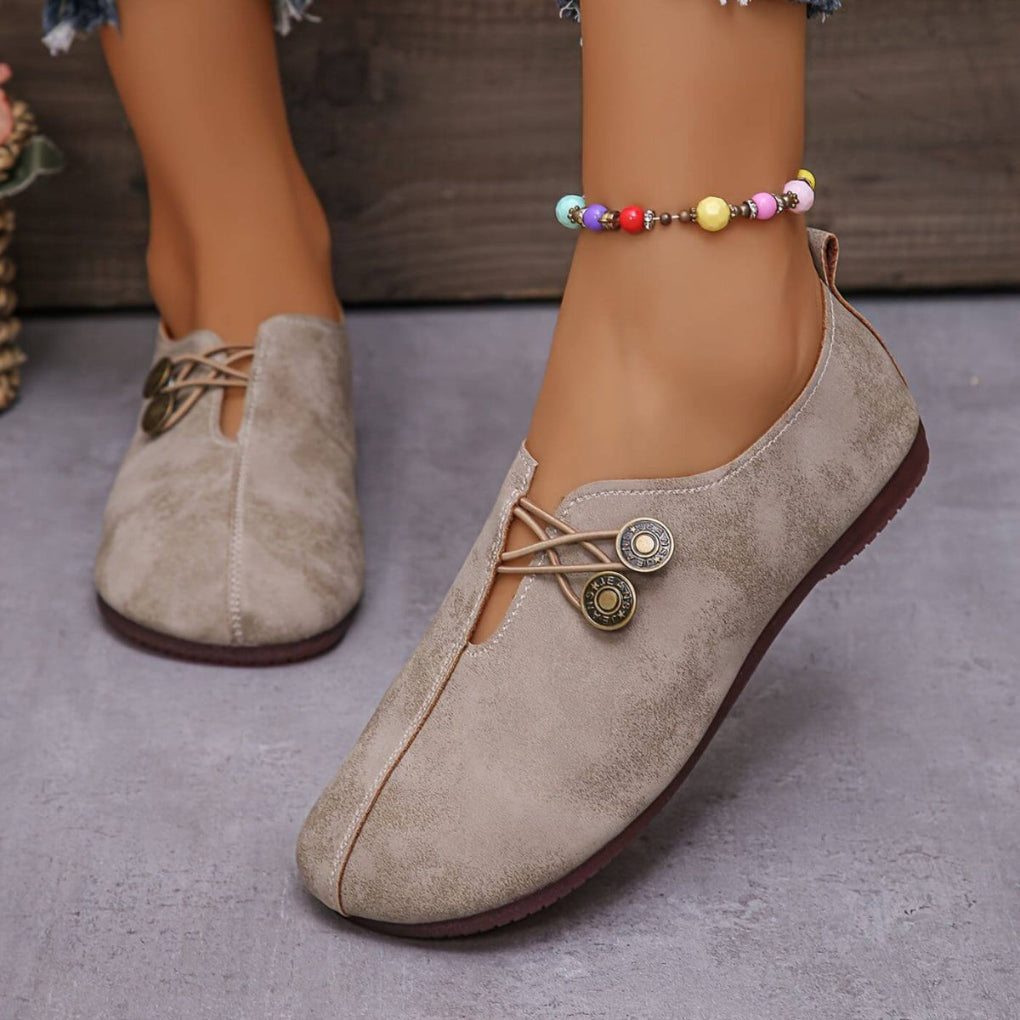 Women’s Slip-On Flat Shoes with Rounded Toe and Decorative Detail