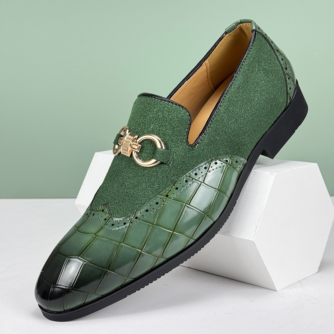 Men’s Slip-On Loafers with Almond Toe, Metal Bit Detail, and Low Block Heel