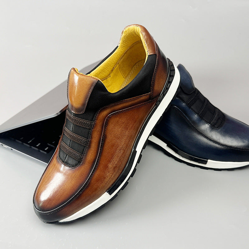 Men's Leather Slip On Loafers - Burnished Upper Elastic Vamp Panel Runner Sole