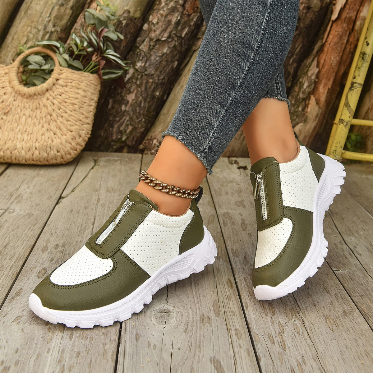 Women's Slip On Sneakers - Front Zip Colorblock Perforated Upper Lugged Sole