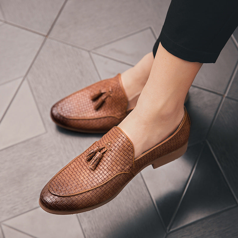 Men's Tassel Loafers - Slip On Woven Embossed Upper Round Toe Low Block Heel