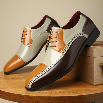 Men’s Leather Colour-Block Oxford Shoes with Brogue Detailing