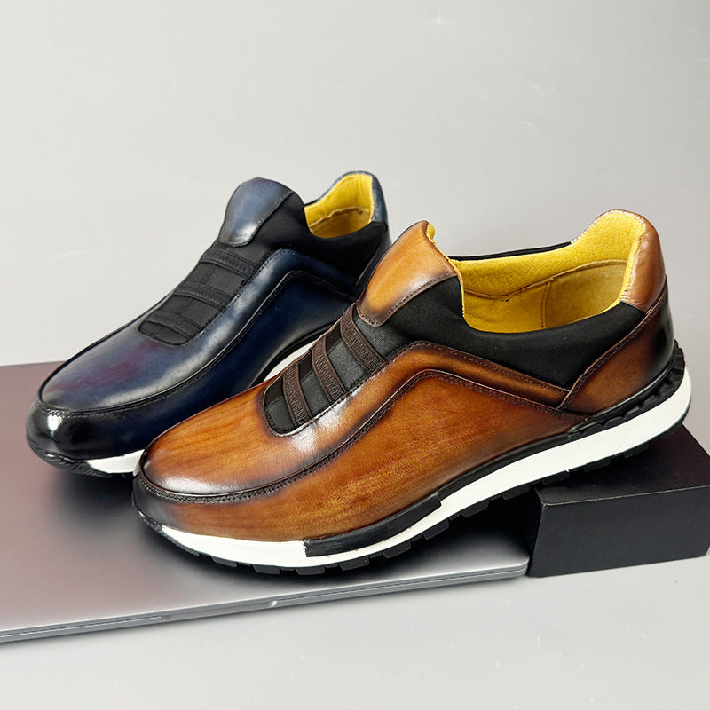 Men's Leather Slip On Loafers - Burnished Upper Elastic Vamp Panel Runner Sole