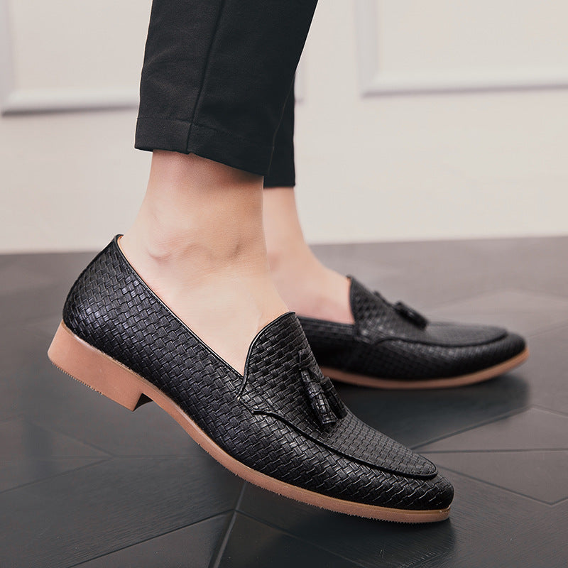 Men's Tassel Loafers - Slip On Woven Embossed Upper Round Toe Low Block Heel