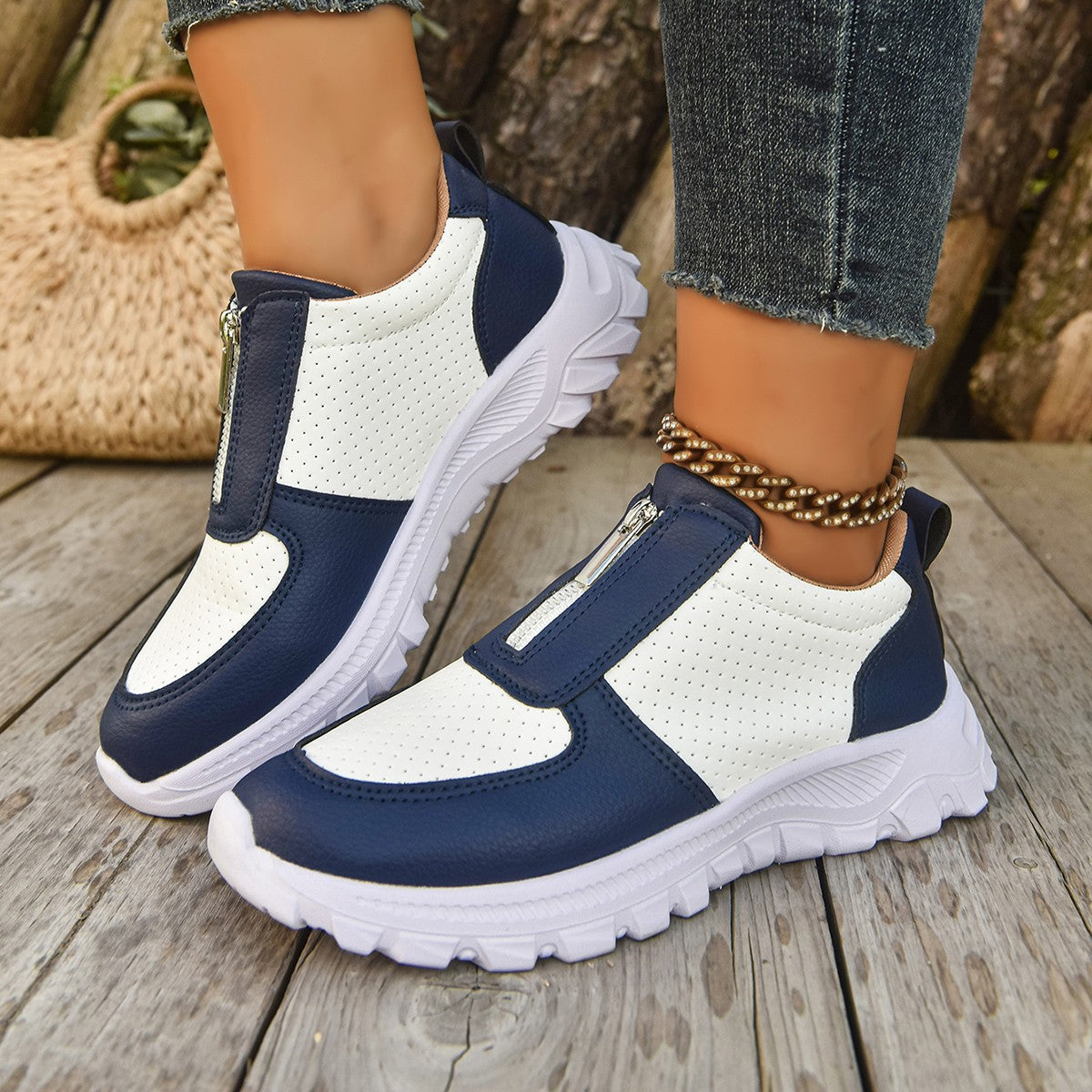 Women's Slip On Sneakers - Front Zip Colorblock Perforated Upper Lugged Sole
