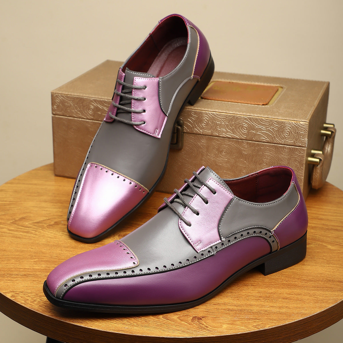 Men’s Leather Colour-Block Oxford Shoes with Brogue Detailing