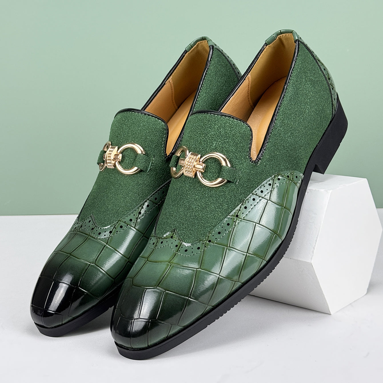 Men’s Slip-On Loafers with Almond Toe, Metal Bit Detail, and Low Block Heel