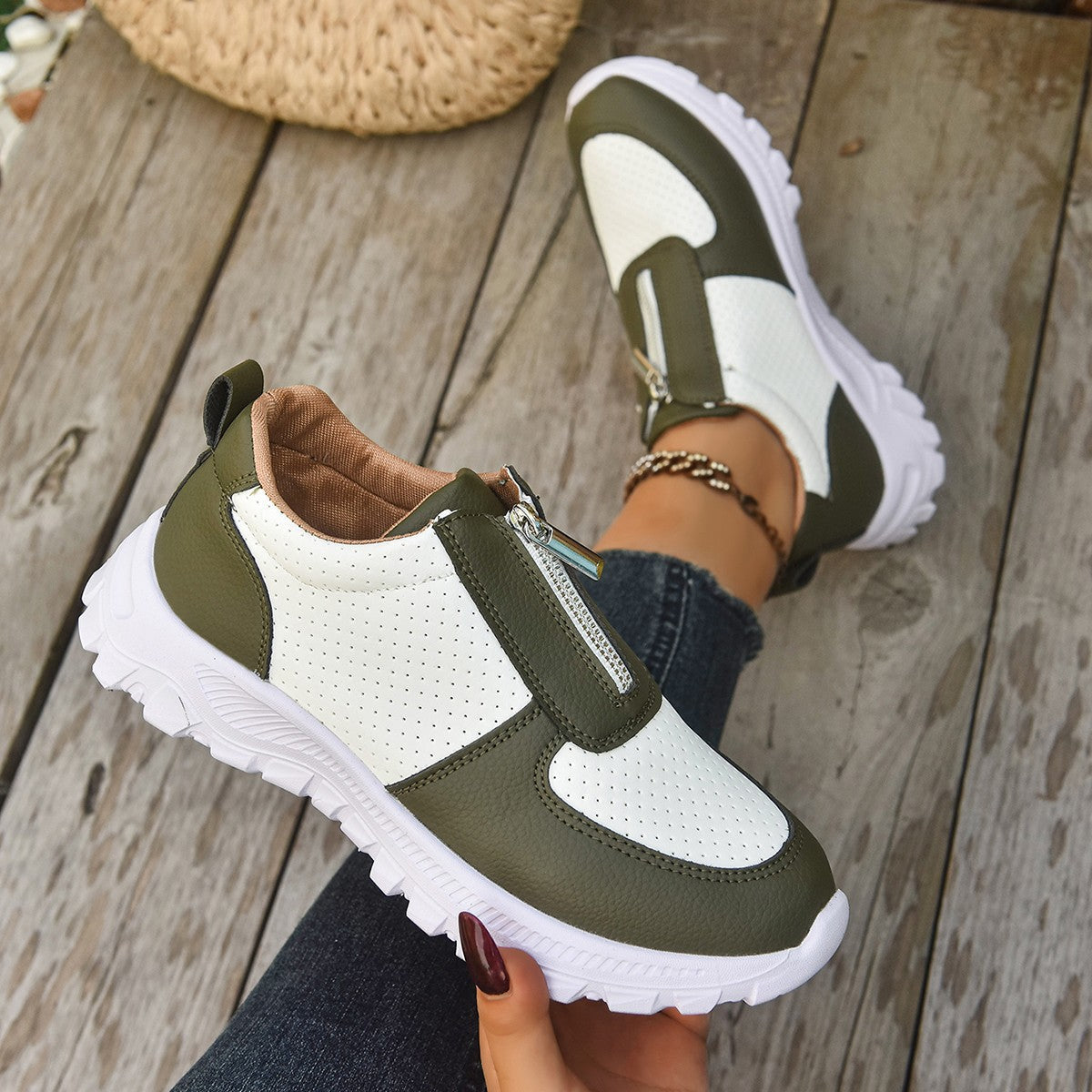 Women's Slip On Sneakers - Front Zip Colorblock Perforated Upper Lugged Sole