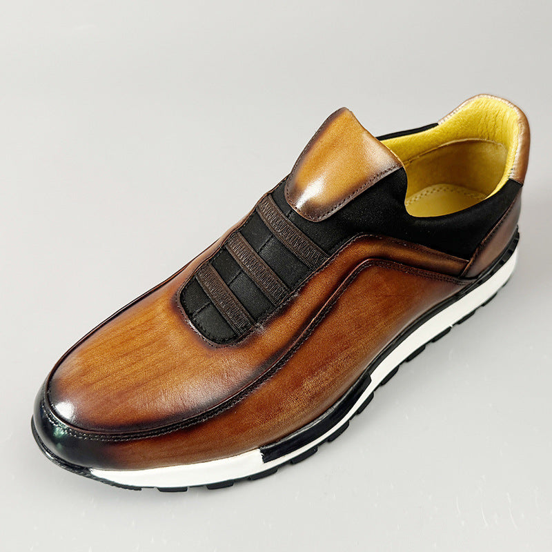 Men's Leather Slip On Loafers - Burnished Upper Elastic Vamp Panel Runner Sole
