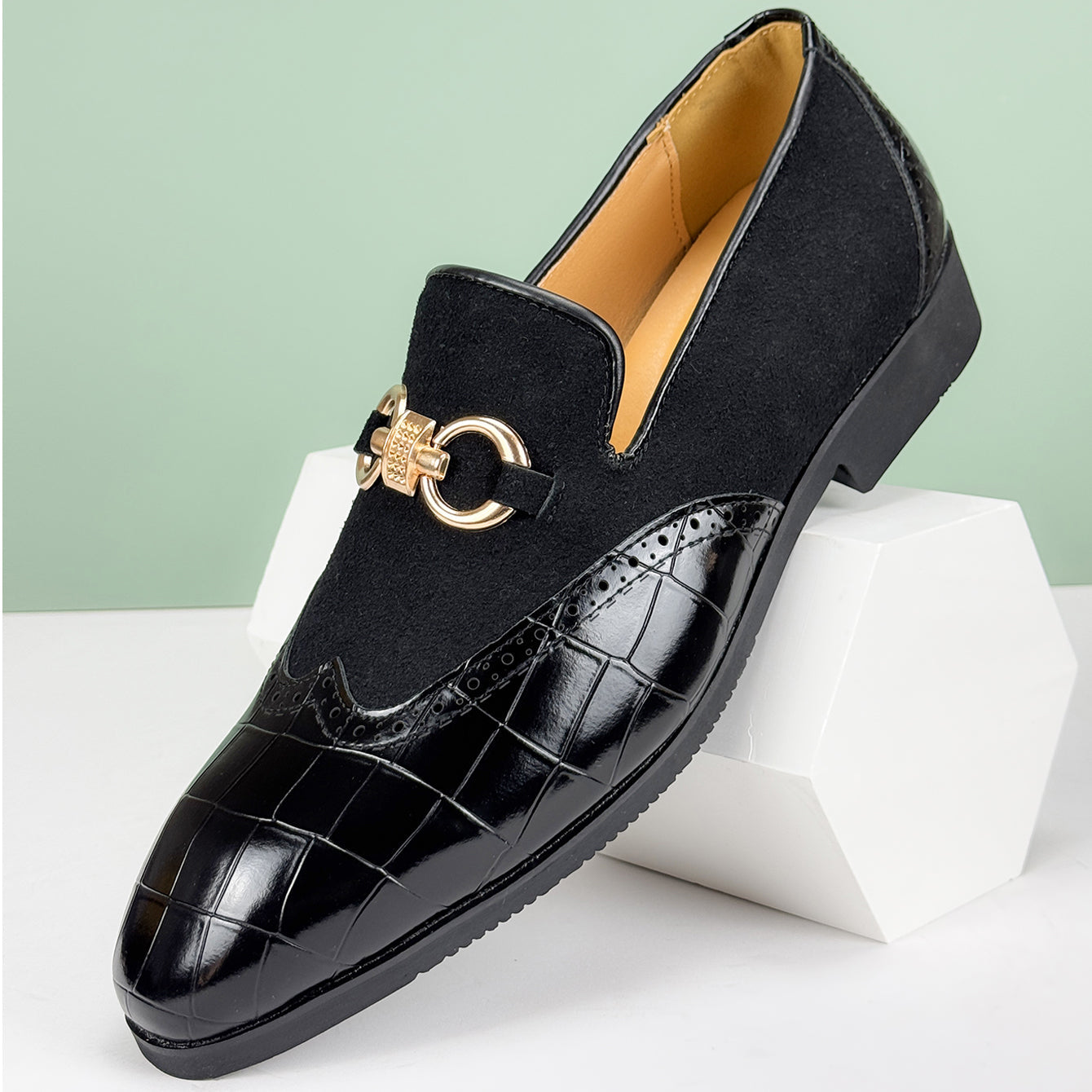 Men’s Slip-On Loafers with Almond Toe, Metal Bit Detail, and Low Block Heel