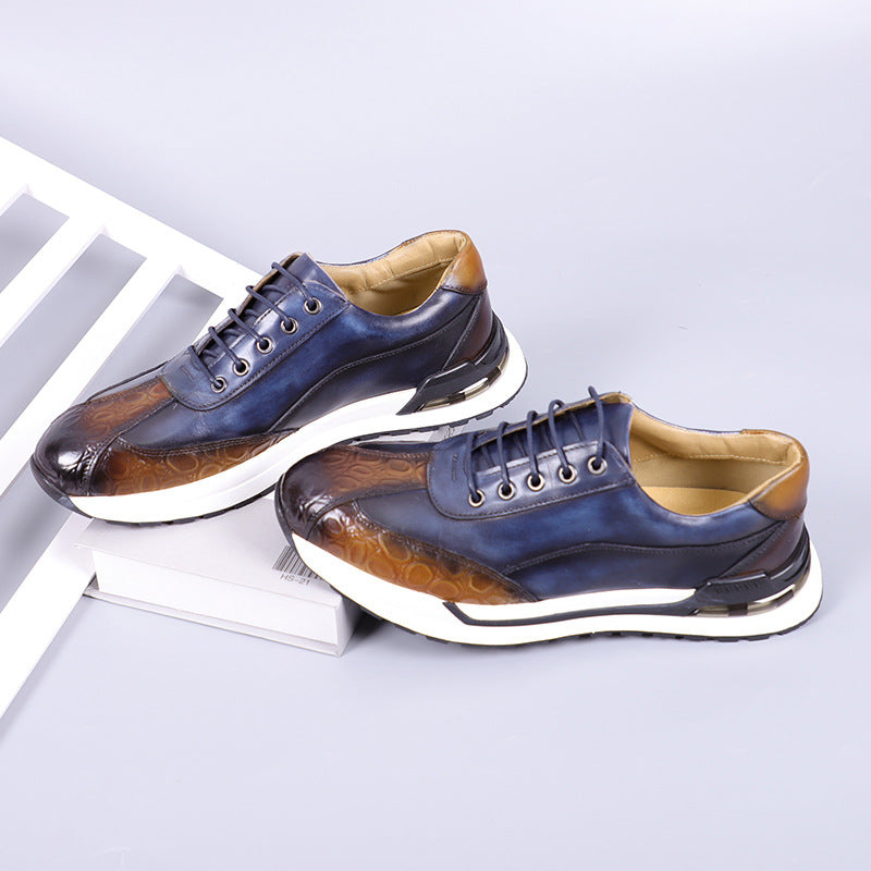Men's Leather Sneakers - Lace-Up Burnished Patina Croc-Embossed Runner Sole