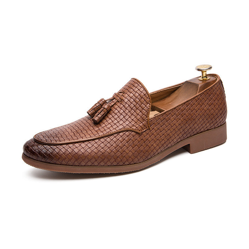 Men's Tassel Loafers - Slip On Woven Embossed Upper Round Toe Low Block Heel
