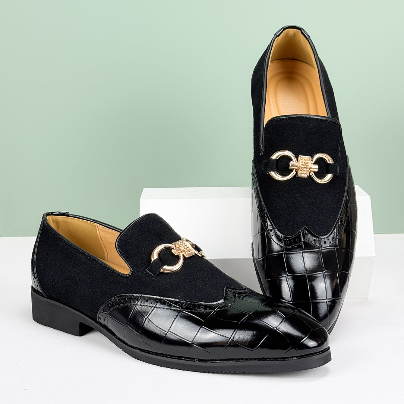 Men’s Slip-On Loafers with Almond Toe, Metal Bit Detail, and Low Block Heel