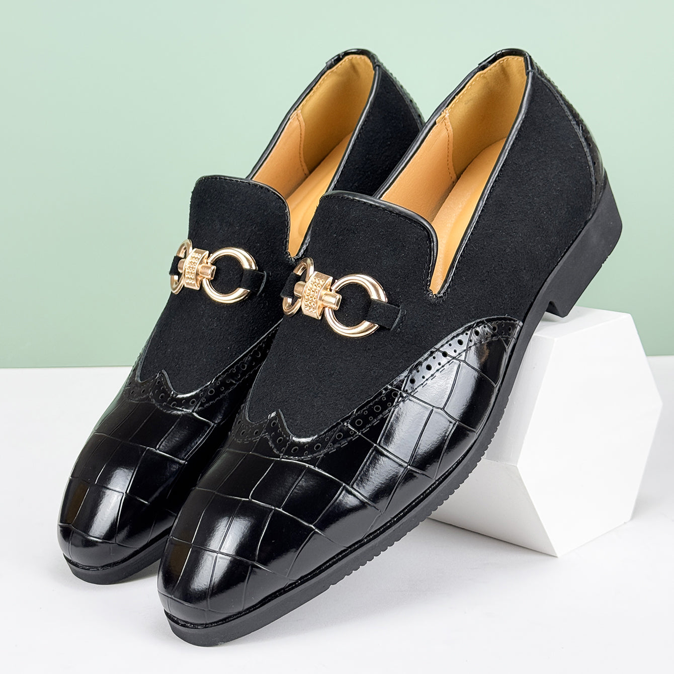 Men’s Slip-On Loafers with Almond Toe, Metal Bit Detail, and Low Block Heel