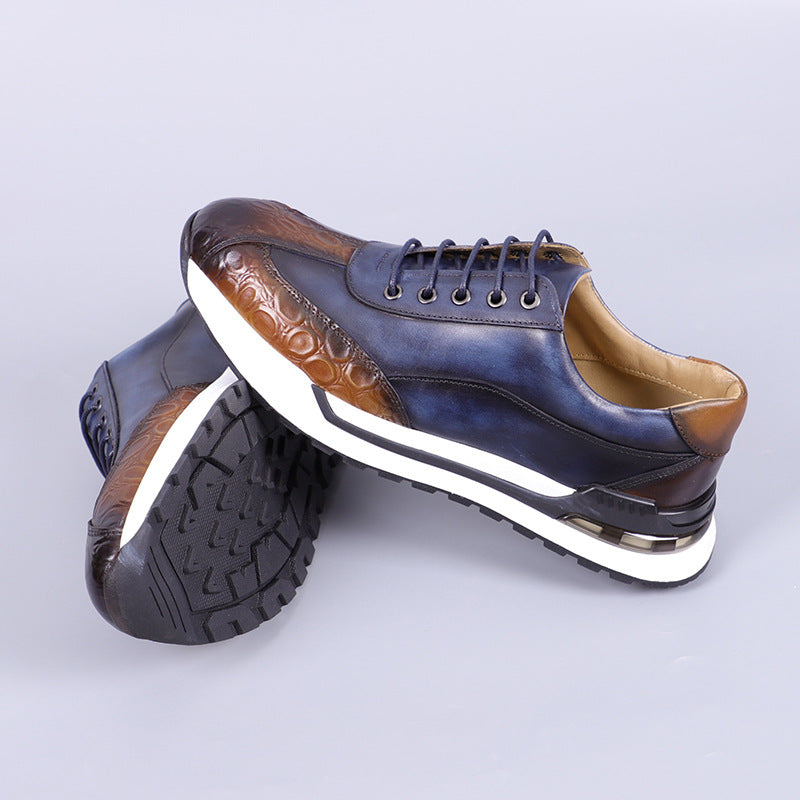 Men's Leather Sneakers - Lace-Up Burnished Patina Croc-Embossed Runner Sole