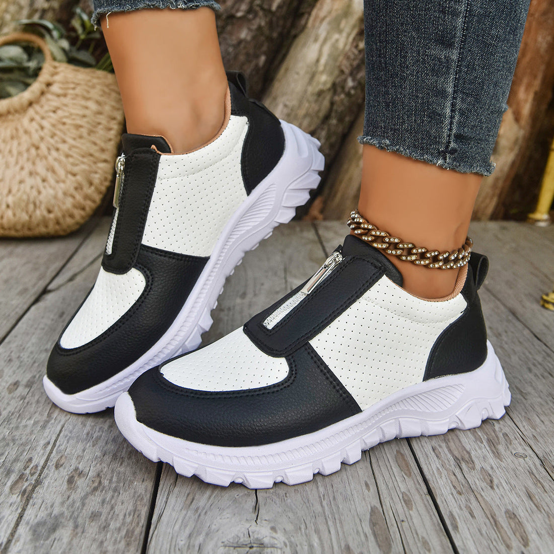 Women's Slip On Sneakers - Front Zip Colorblock Perforated Upper Lugged Sole