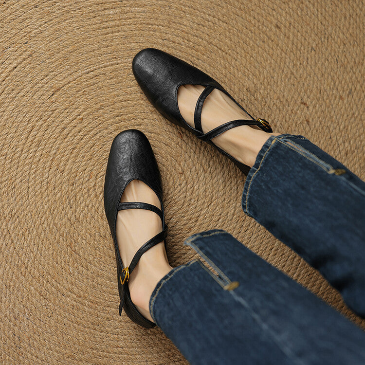Women's Mary Jane Flats - Cross-Strap Buckle Closure Pointed Toe
