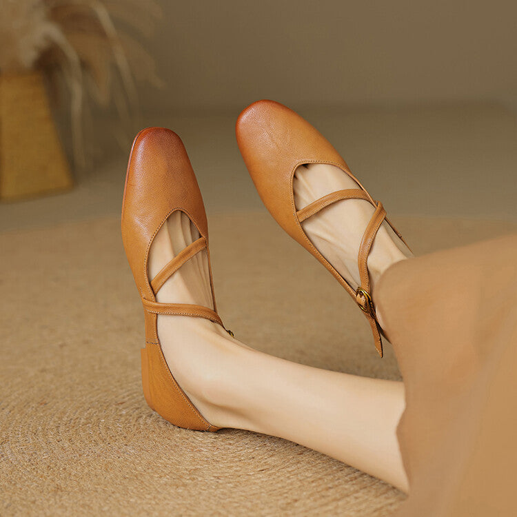 Women's Mary Jane Square Toe Leather Flats - Ankle Strap Buckle