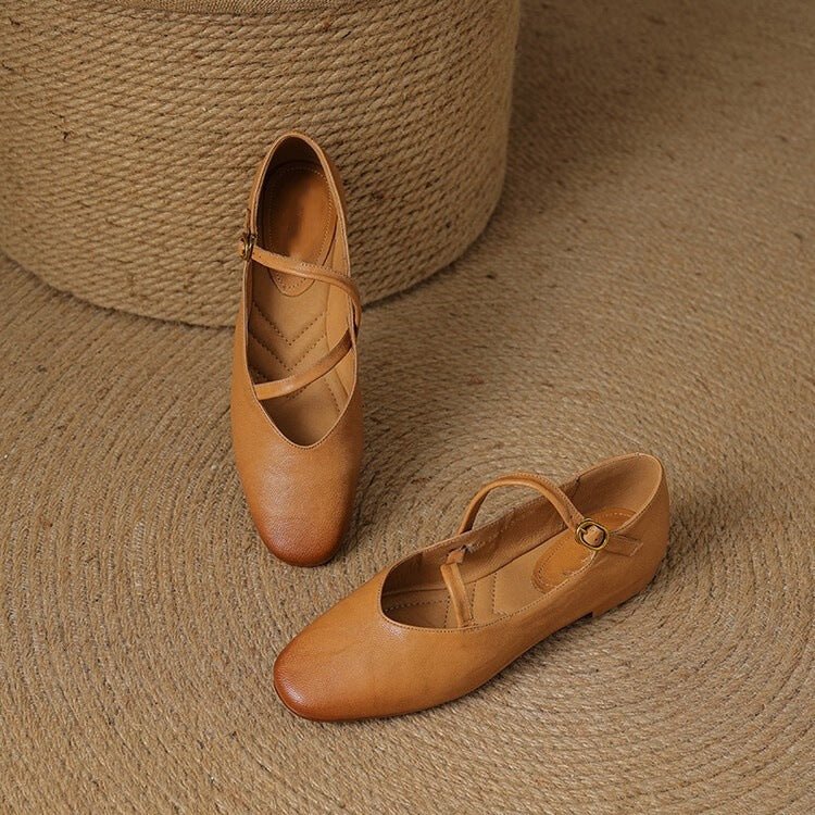 Women's Mary Jane Square Toe Leather Flats - Ankle Strap Buckle