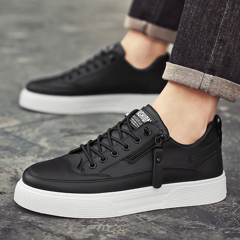 Men’s Rounded Toe Lace-Up Low-Top Sneakers with Side Zip and Flat Rubber Sole
