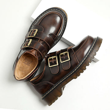 Women’s Faux Leather Double-Buckle Shoes with Round Toe and Lug Sole