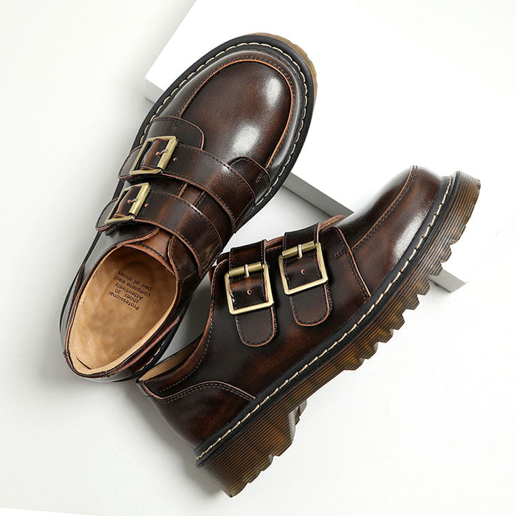 Women’s Faux Leather Double-Buckle Shoes with Round Toe and Lug Sole