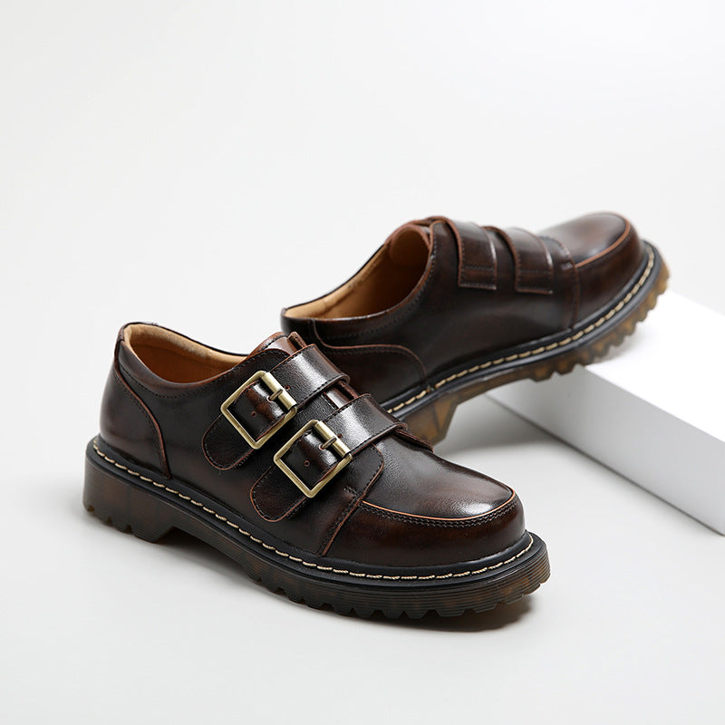Women’s Faux Leather Double-Buckle Shoes with Round Toe and Lug Sole