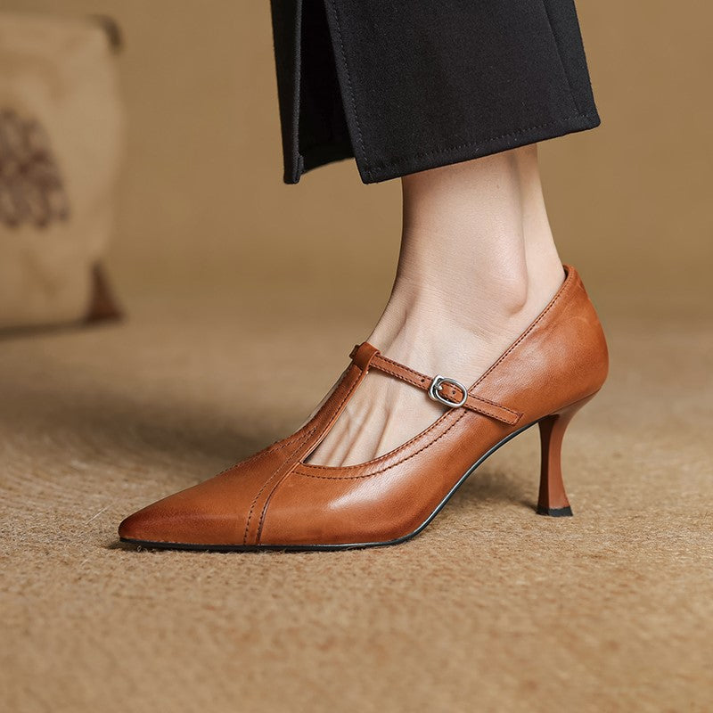 Women’s T-Strap Pointed Toe High Heels – Buckle Strap Closed Toe Shoes