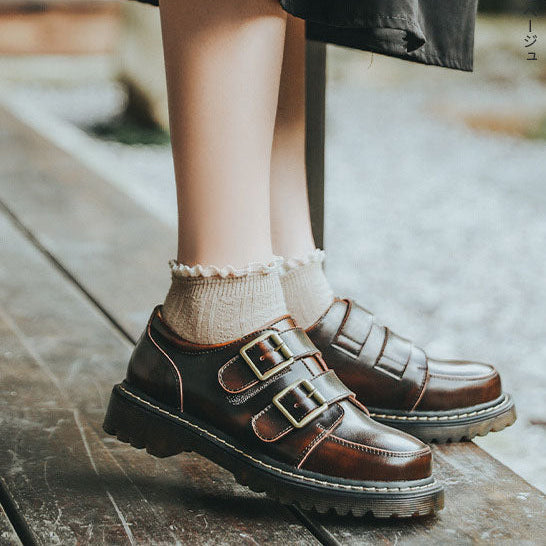 Women’s Faux Leather Double-Buckle Shoes with Round Toe and Lug Sole
