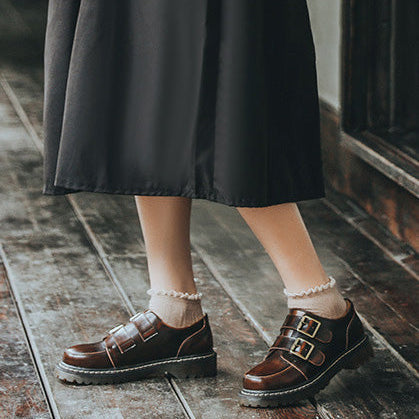 Women’s Faux Leather Double-Buckle Shoes with Round Toe and Lug Sole