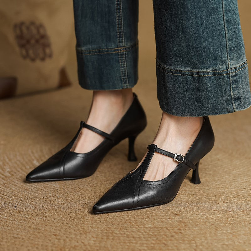 Women’s T-Strap Pointed Toe High Heels – Buckle Strap Closed Toe Shoes