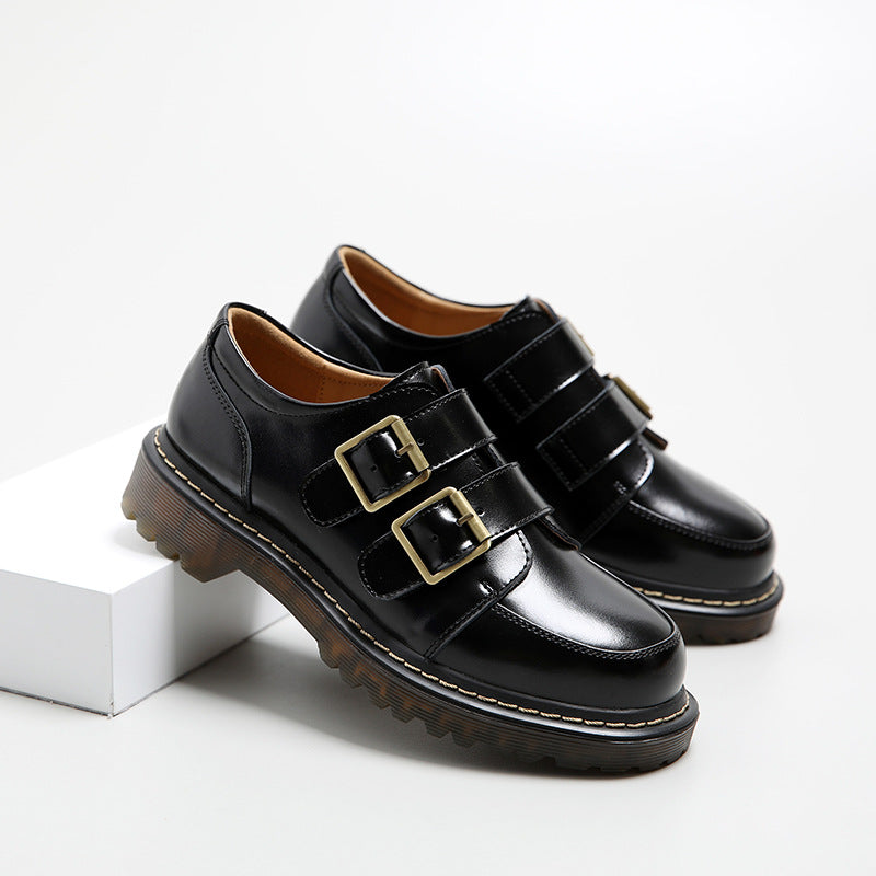 Women’s Faux Leather Double-Buckle Shoes with Round Toe and Lug Sole
