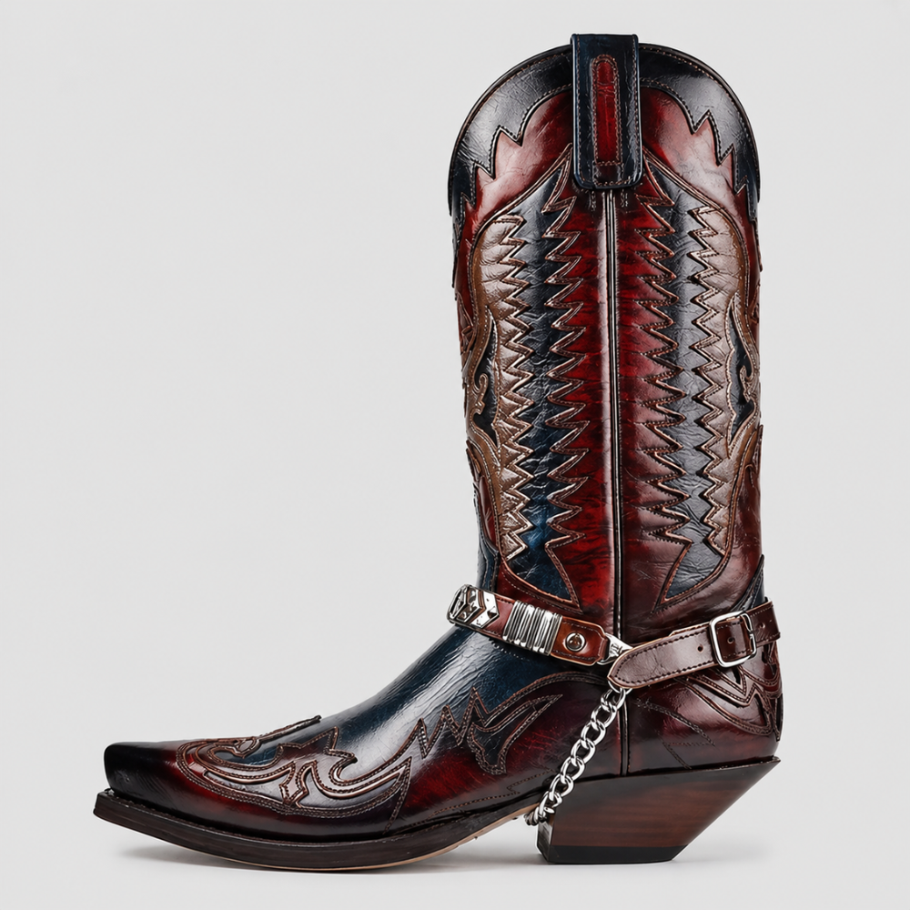 Men's Boots Western Pointed Toe Embroidered Leather Harness Chain