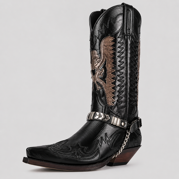 Men's Boots Western Pointed Toe Embroidered Leather Harness Chain