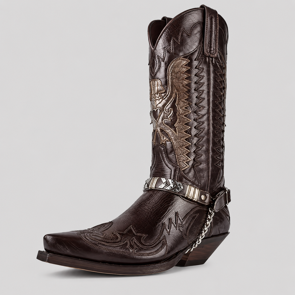 Men's Boots Western Pointed Toe Embroidered Leather Harness Chain