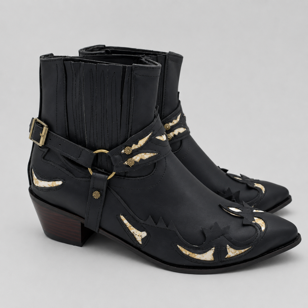 Men's Ankle Boots Western Pointed Toe Harness Strap Cutout Overlay