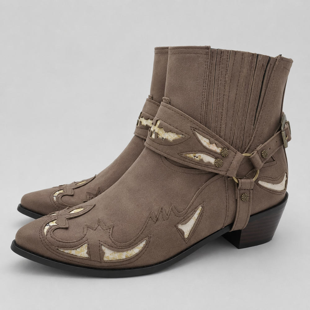 Men's Ankle Boots Western Pointed Toe Harness Strap Cutout Overlay