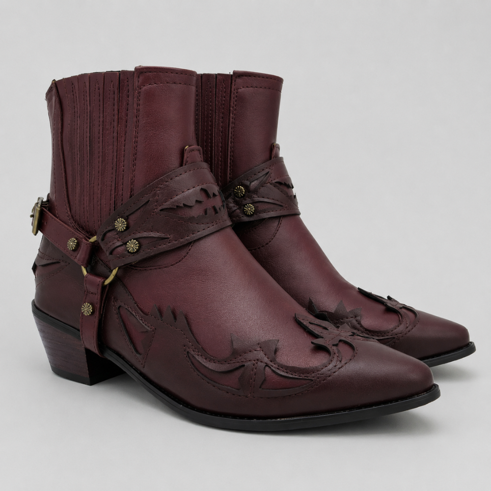 Men's Ankle Boots Western Pointed Toe Harness Strap Cutout Overlay