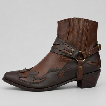 Men's Ankle Boots Western Pointed Toe Harness Strap Cutout Overlay